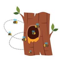 Bee Hive Flying Around Tree Hollow with Honey Illustration vector