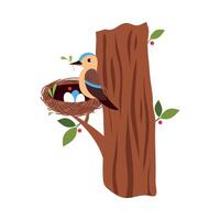 Cute Little Bird as Forest Habitant Sitting in Nest on Tree Trunk Illustration vector