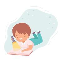 Little Boy Reading Book, Cute Kid Lying on Floor and Reading Using Flashlight, Education and Imagination Concept Cartoon Style Illustration vector