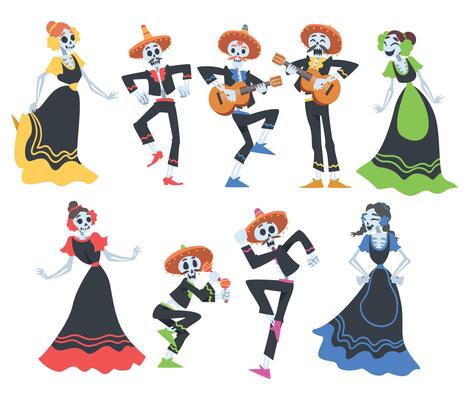 Skeletons in Mexican Traditional Costumes Dancing and Playing Music Instruments Set, Day of the Dead Cartoon Style Illustration