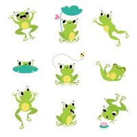 Cute Green Frog Smiling, Jumping, and Croaking Set vector