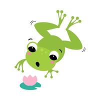 Funny Green Frog with Protruding Eyes Watching Waterlily Flower Illustration vector