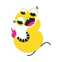 Number Three Cute Yellow Monster, Funny Fantasy Creature Character, 3 Numeral, Mathematics, Learning Material for Kids Cartoon Style Illustration vector