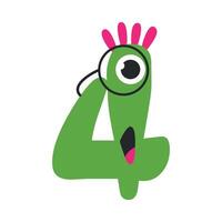 Number Four Cute Green Monster, Funny Fantasy Creature Character, 4 Numeral, Mathematics, Learning Material for Kids Cartoon Style Illustration vector