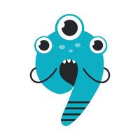 Number Nine Cute Monster, Funny Fantasy Creature Character, 9 Numeral, Mathematics, Learning Material for Kids Cartoon Style Illustration vector