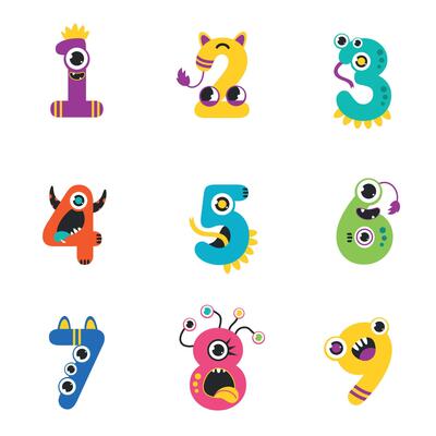 Funny Monsters Colorful Numbers Set, Cute Fantasy Aliens in the Shape of Numerals, Mathematics, Learning Material for Kids Cartoon Style Illustration