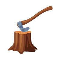 Axe with Wooden Handle Stuck in Tree Stump Illustration vector