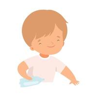 Cute Boy Collecting Plastic Bottles for Recycling, Kid Helping Save the World Cartoon Style Illustration vector