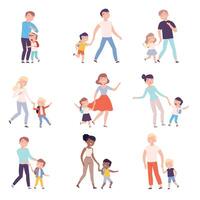 Parents Taking Their Children to Lessons Set, Parents Accompanying Their Kids to School or Kindergarten Cartoon Style Illustration vector