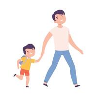 Father Accompanying his Son to the School or Kindergarten, Parent and Kid Walking Together Holding Hands Cartoon Style Illustration vector