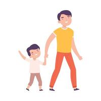 Father Accompanying his Son to the School or Kindergarten, Happy Dad and Kid Walking Together Holding Hands Cartoon Style Illustration vector