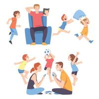 Calm Parents and Mischievous Children Running around Them Set, Father and Mother Playing Board Game and Relaxing among Running Naughty Kids Cartoon Style Illustration vector