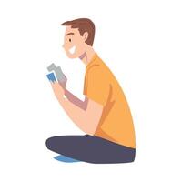 Young Man Sitting on Floor Playing Board Game, Guy Relaxing at Home Cartoon Style Illustration vector
