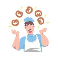 Chef Juggling with Bagels, Cook Character in Hat and Apron Cooking in the Kitchen Cartoon Style Illustration vector