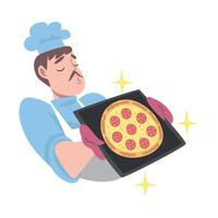 Chef with Freshly Baked Pizza, Pizza Maker Character in Hat and Apron Cooking in the Kitchen Cartoon Style Illustration vector