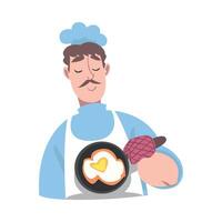Chef Frying Eggs on Pan, Cook Character in Hat and Apron Cooking in the Kitchen Cartoon Style Illustration vector