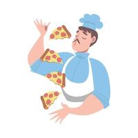 Chef Juggling with Pieces of Tasty Pizza, Pizza Maker Character in Hat and Apron Cooking in the Kitchen Cartoon Style Illustration vector