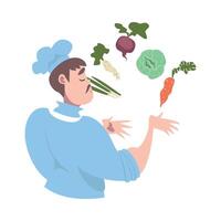 Chef Juggling with Fresh Vegetables, Cook Character in Hat and Apron Cooking in the Kitchen Cartoon Style Illustration vector