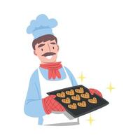 Chef Holding Tray with Freshly Baked Cookies, Cook Character in Hat and Apron Cooking in the Kitchen Cartoon Style Illustration vector