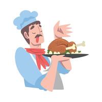 Chef Serving Fried Chicken, Funny Cook Character in Hat and Apron Cooking in the Kitchen Cartoon Style Illustration vector