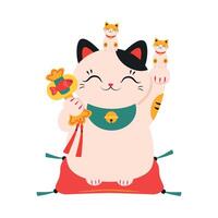 Japanese Maneki Neko, Japanese Traditional White Lucky Cat Doll, Symbol of Good Luck and Wealth Cartoon Style Illustration vector
