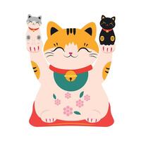 Japanese Maneki Neko with Kittens in its Paws, Japanese Traditional White Lucky Cat Doll Cartoon Style Illustration vector