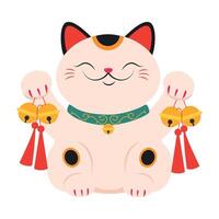 Japanese Maneki Neko with Traditional Golden Bells, Japanese Symbol of Good Luck and Wealth Cartoon Style Illustration vector