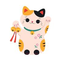 Japanese Maneki Neko with Golden Bell, Japanese Symbol of Good Luck and Wealth, Traditional Souvenir of Japan Cartoon Style Illustration vector