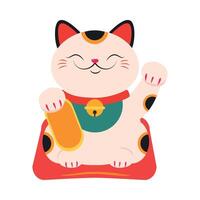 Japanese Maneki Neko, Japanese Symbol of Good Luck and Wealth, Traditional White Lucky Cat Doll Cartoon Style Illustration vector