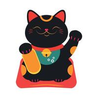 Japanese Maneki Neko, Japanese Traditional Black Lucky Cat Doll Cartoon Style Illustration vector