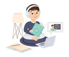 Boy Sitting on Floor and Read Textbook, Kid Desk Studying Online Using Computer, Homeschooling, Distance Learning Concept Cartoon Style Illustration vector