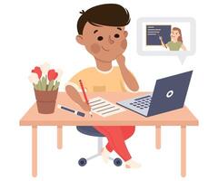 Boy Studying from home via Teleconference Using Computer, Homeschooling, Distance Learning Concept Cartoon Style Illustration vector