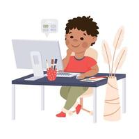 Boy Sitting at his Desk, Kid Studying Online Using Computer, Homeschooling, Distance Learning Concept Cartoon Style Illustratio vector