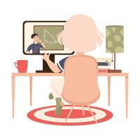 Back View of Girl Sitting at her Desk, Kid Studying Online Using Computer, Homeschooling, Distance Learning Concept Cartoon Style Illustration vector