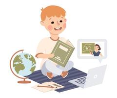 Distance Lesson, Boy Studying Online Using Computer, Homeschooling Concept Cartoon Style Illustration vector