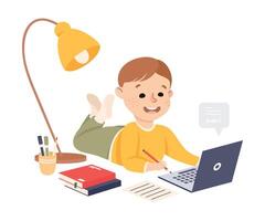 Elementary School Student Boy Studying Online Using Laptop Computer, Homeschooling, Distance Learning Concept Cartoon Style Illustration vector