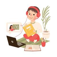 Boy in Headphones Studying Online Using Laptop Computer, Homeschooling, Distance Learning Concept Cartoon Style Illustration vector