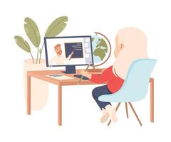 Elementary School Student Girl Sitting at her Desk, Kid Studying Online Using Computer, Homeschooling, Distance Learning Concept Cartoon Style Illustration vector