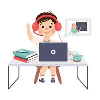 Boy in Headphones Studying Online Using Computer and Raising His Hand to Answer, Distance Lesson, Homeschooling Concept Cartoon Style Illustration vector