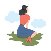 Woman Character Sitting on Grass and Looking Ahead as into Bright Future Illustration vector