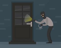Male Burglar in Balaclava Committing Robbery, Theft Trying to Unlock Door with Lock Pick Breaking in House, Criminal Scene Flat Illustration vector