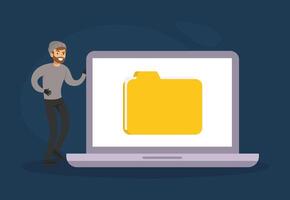 Burglar Hacking Computer and Stealing Personal Information from Laptop Computer, Lawless Criminal Scene Flat Illustration vector