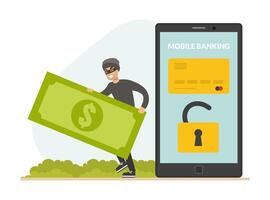 Cyber Theft Hacking Smartphone and Stealing Money from Credit Card, Hacker Attacking Phone with Personal Information Flat Illustration vector