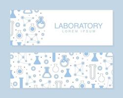 Laboratory Banner Template, Pharmacy, Chemistry, Science, Medicine Poster, Flyer Design with Lab Equipment Seamless Pattern Illustration vector