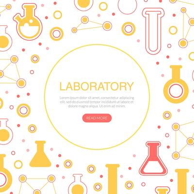 Laboratory Landing Page Template, Pharmacy, Chemistry Science, Medicine Webdite Interface with Lab Equipment Seamless Pattern Illustration