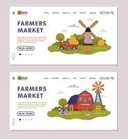 Farmers Market Landing Page Templates Set, Farm Scenes with Farmhouse, Mill and Agricultural Objects Onboard Screens, Agriculture and Farming Concept Illustration vector