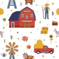 Farm Building and Agricultural Objects Seamless Pattern, Agriculture, Gardening and Farming Background, Textile, Packaging, Wallpaper Design Illustration vector