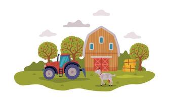 Farm Scene with Farmhouse, Tractor and Livestock, Summer Rural Landscape, Agriculture, Gardening and Farming Concept Cartoon Style Illustration vector