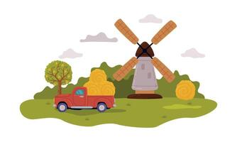 Farm Scene with Windmill and Pickup Car, Summer Rural Landscape, Agriculture, Gardening and Farming Concept Cartoon Style Illustration vector