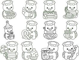 Outline of kappa with variation of junk food and dessert. Coloring pages of cute kappa. vector